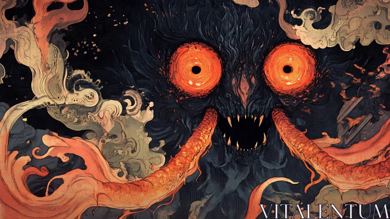 Cosmic abyssal demon erupts with molten eyes and tendrils.