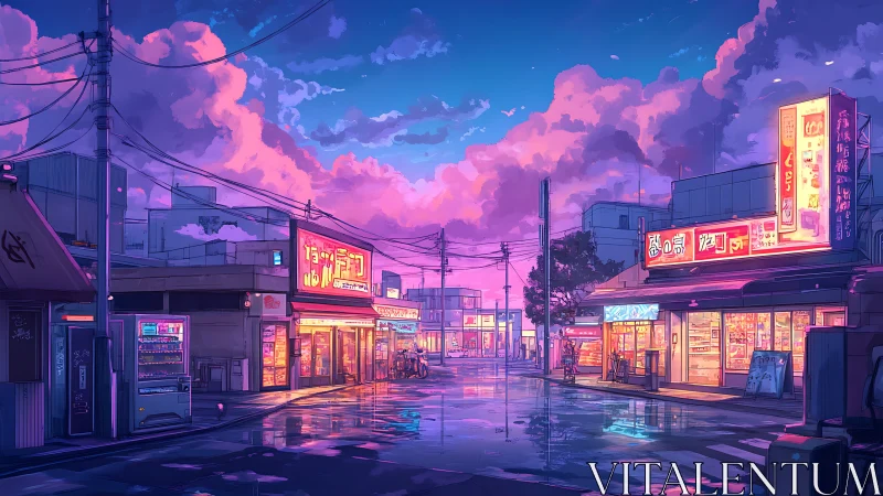 Neon‑lit Japanese street under rain‑soaked dusk sky reflections