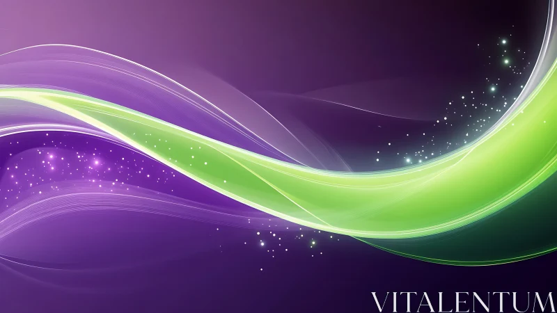 Glowing green and purple light waves drift across the scene