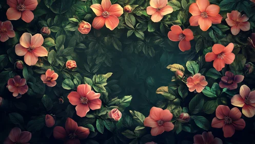 Vibrant coral and orange flowers layered densely across dark green foliage base.