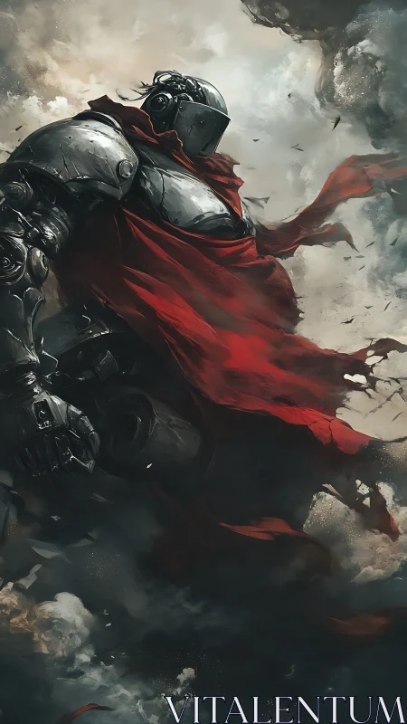Steel colossus in stormlit sky with tattered crimson cloak.