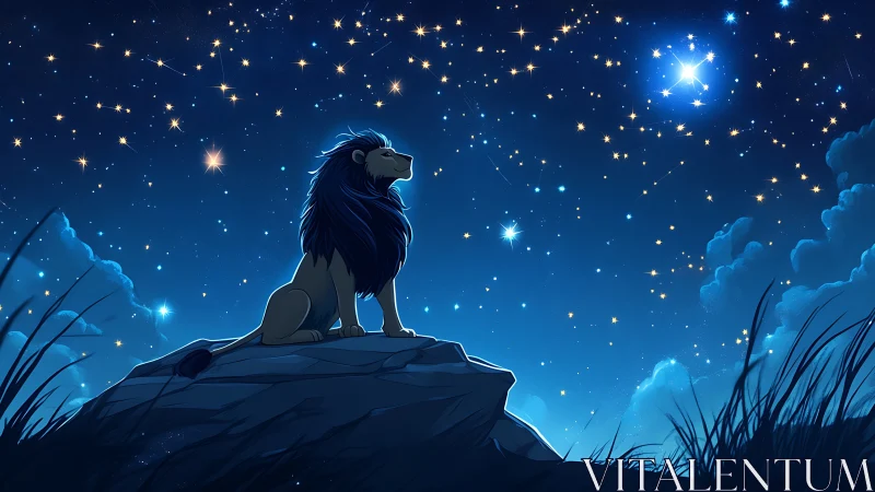 Lone lion on moonlit rock under dense starry night sky.