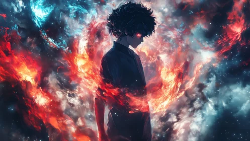 Silhouetted figure stands amid red and blue cosmic flames