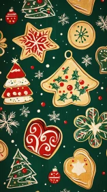 Patterned Christmas cookies on green background with stylized icing