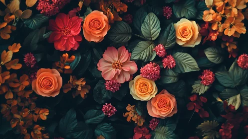 Lush floral arrangement in warm and jewel tones.