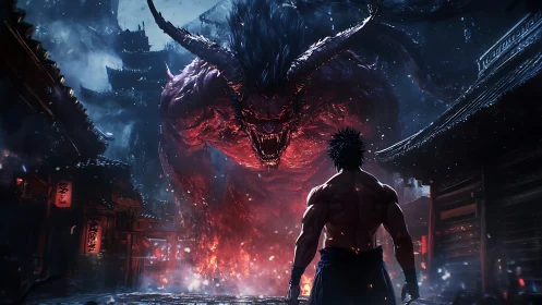 Backlit warrior confronts colossal infernal demon in burning alley