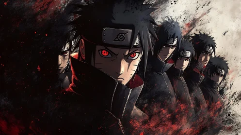 Intense red-eyed ninja clones emerge from swirling darkness.