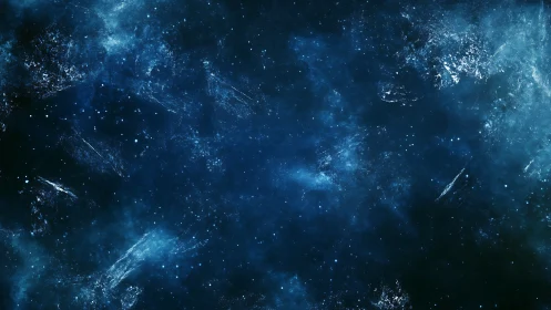 Deep blue cosmic nebula drifts through a starry void.