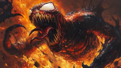 Pyroclastic symbiote entity amid eruptive combustion field.