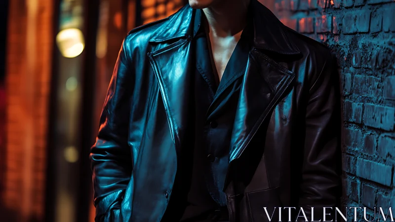 Chromatic leather trench under dual neon alley lighting.