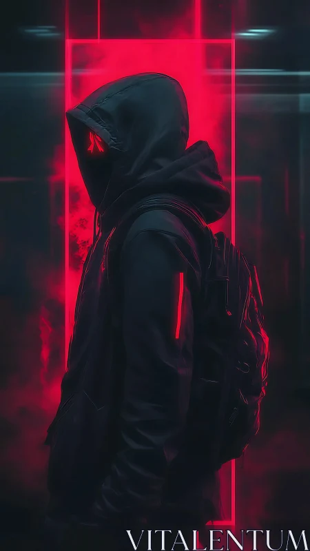 Hooded cyberpunk figure stands in neon red digital mist.
