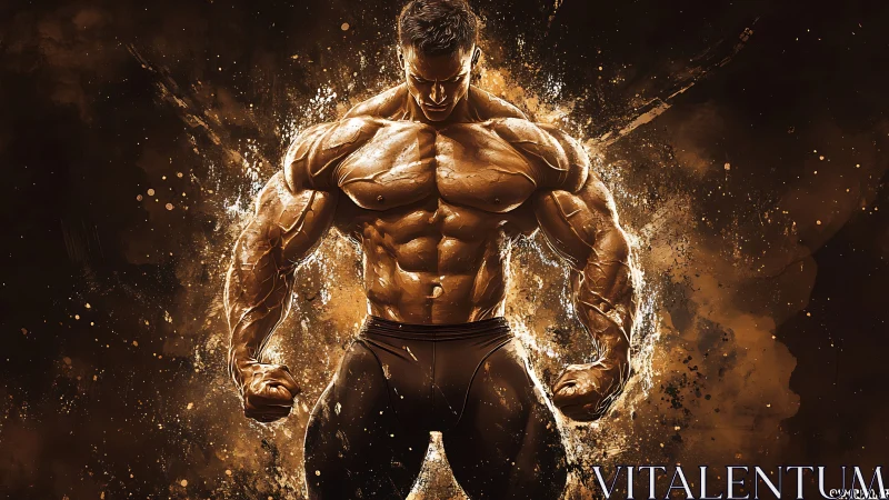 Muscular male bodybuilder stands flexing amid glowing splashes