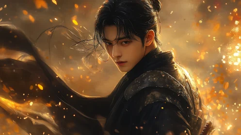 Male warrior in dark armor stands amid drifting orange embers