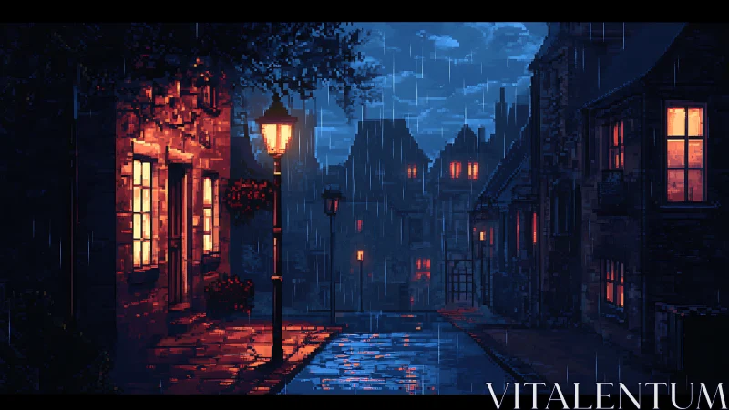 Pixel street scene with rain, warm windows and lampposts.
