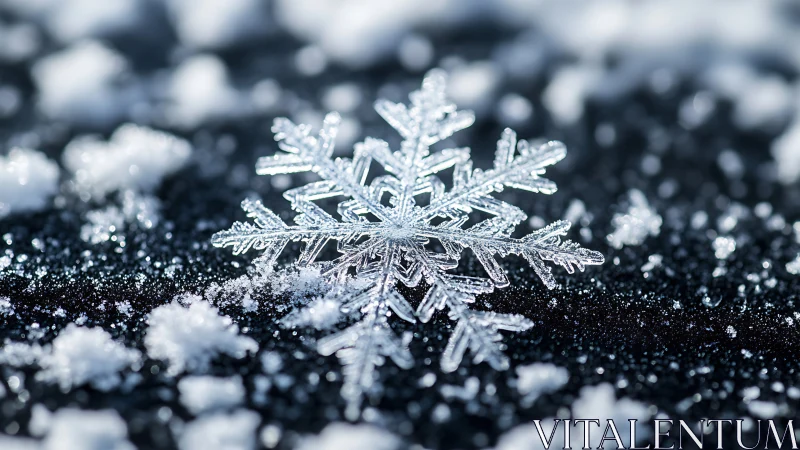 Macro crystalline snowflake on dark glittering surface.