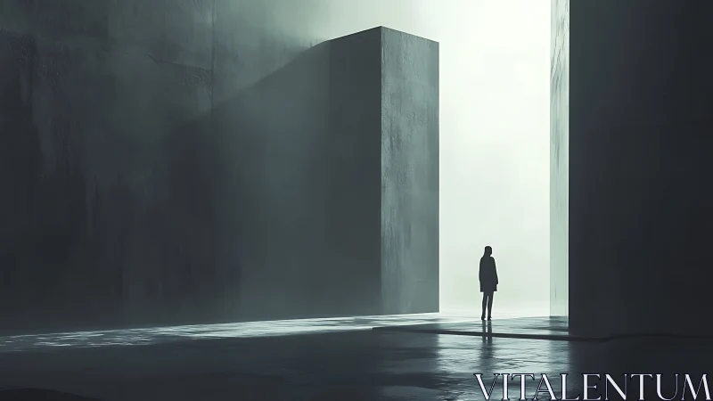 Solitary silhouette wandering through monolithic light corridors.