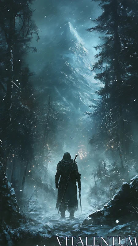 Lone wanderer braves a stormy mountain forest path.