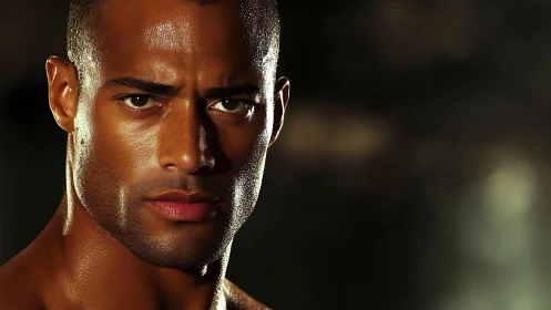 Close-up low-key portrait of athletic male face with sheen