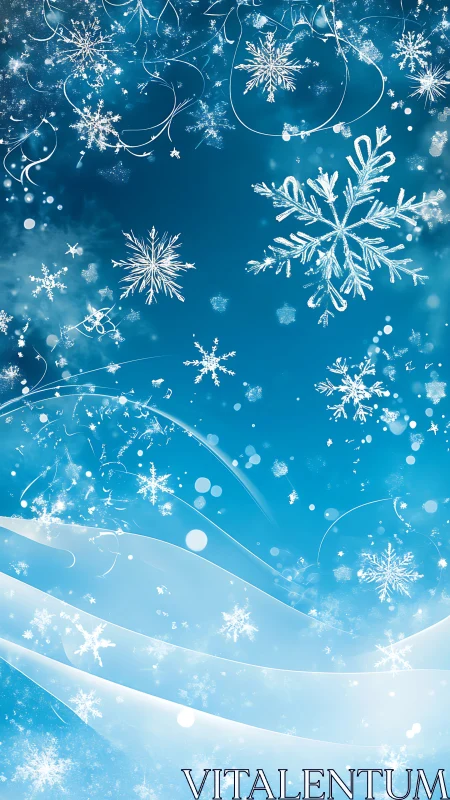 Digital painting of crystalline snowflakes on luminous blue field.
