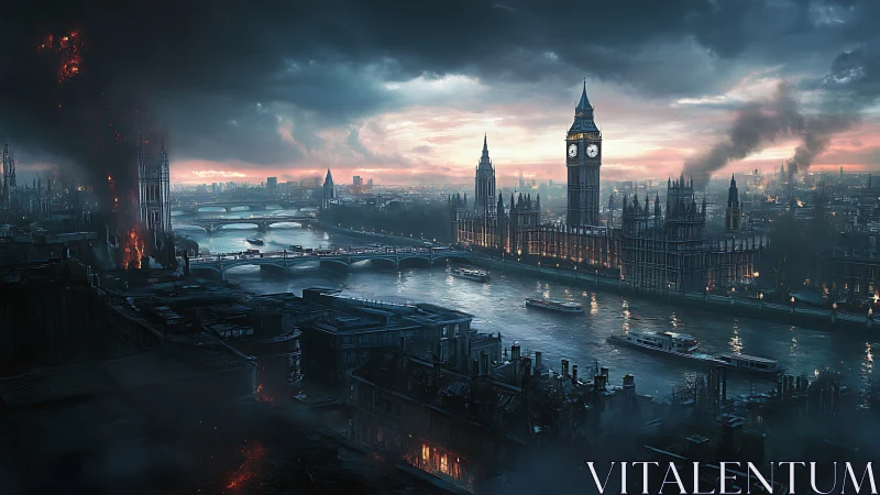 Stormy London skyline glows against a dark and burning dusk