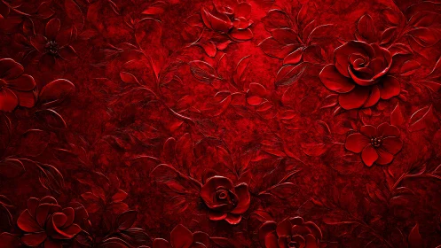 Monochromatic Deep Crimson Floral Relief with Embossed Sculptural Depth