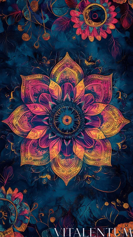 Radiant mandala blooms against deep teal cosmic backdrop.