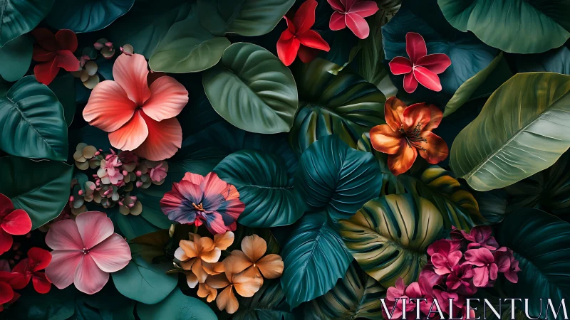 Floral Composition with Tropical Blooms and Foliage.
