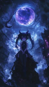 Demonic moonlit girl in ruined city under swirling void sky.