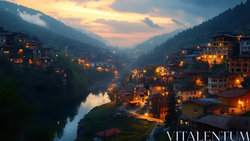 Mountain valley town at dusk rendered in warm photoreal light