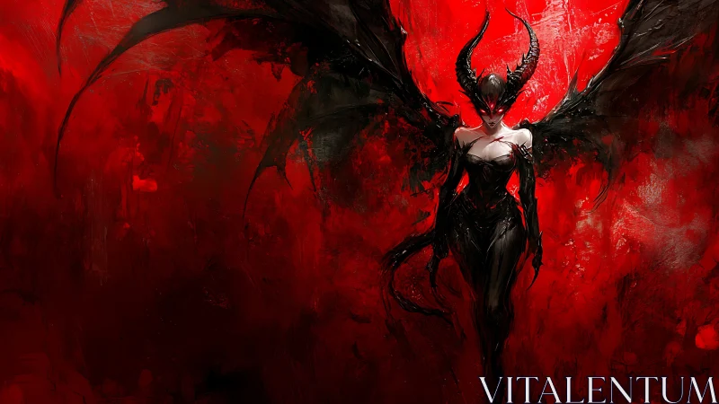 Crimson inferno angel strides from liquid midnight shadows.