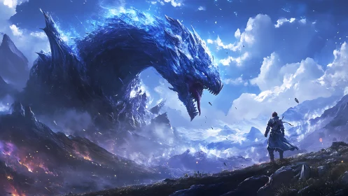 Colossal ice dragon confronts lone warrior in turbulent alpine sky