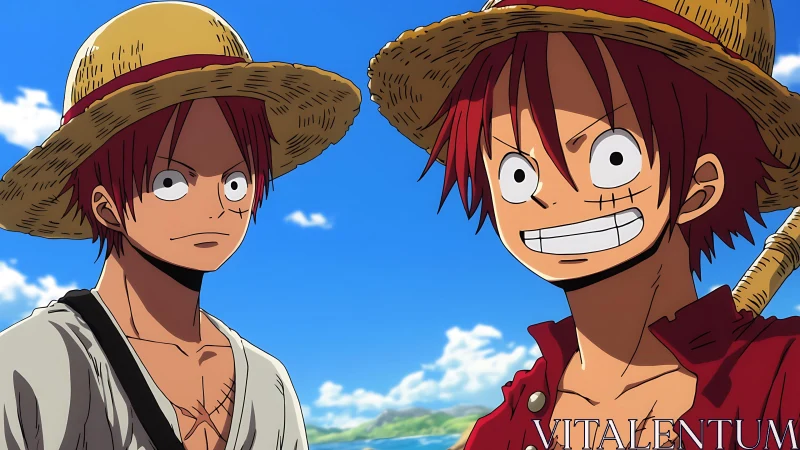 Anime twins in straw hats under bright coastal sky.