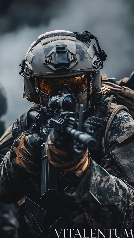 Armed soldier in tactical gear aiming rifle in combat