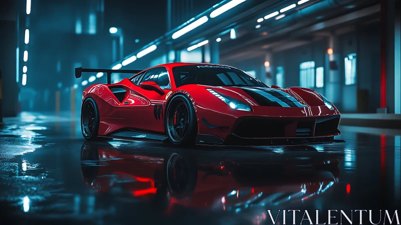 Red racing supercar in neon-lit industrial garage at night.