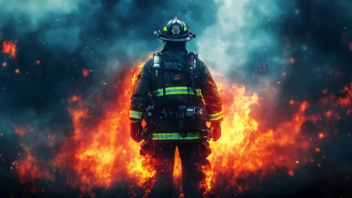 Firefighter in Protective Gear Amid Intense Flame Environment.