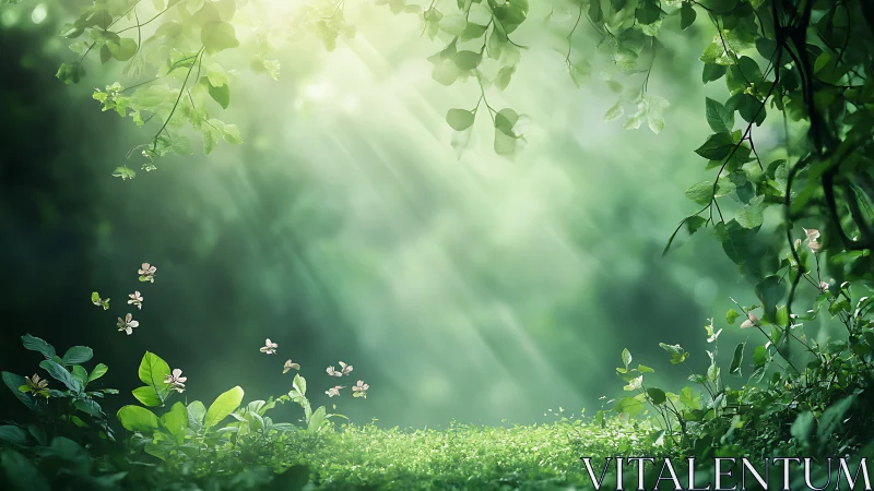 Sunlit forest glade opens into a tranquil, dreamlike sanctuary