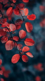 Scarlet autumn leaves glow against a cool twilight blur
