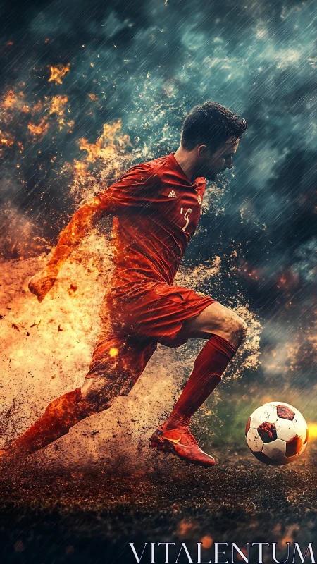 Fiery soccer striker in dynamic motion under storm rain.