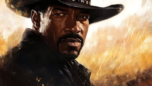 Stoic gunslinger portrait in windswept golden desert light.