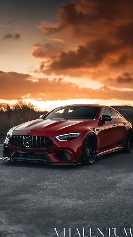 Red Mercedes performance sedan on open road at sunset.
