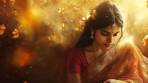 Elegant Indian Woman in Golden Traditional Attire, Dreamy Artistic Style.