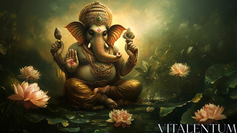 Gentle Ganesha rests in glowing lotus light and calm water