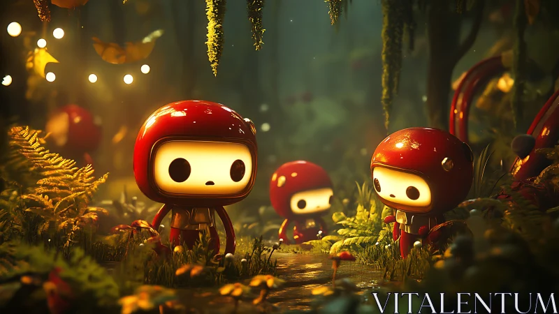 Bioluminescent red-helmet robots exploring stylized forest path