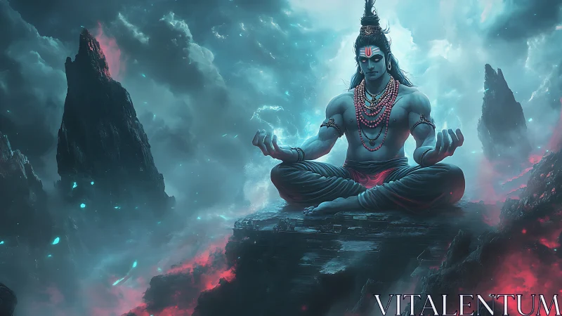 Divine blue yogi meditating over stormlit cosmic peaks.