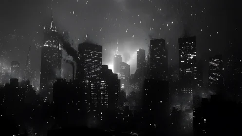 Noir city skyline glows through dense industrial storm