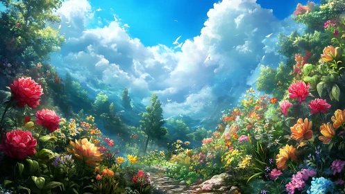 Digital landscape with flowering garden valley beneath sky.