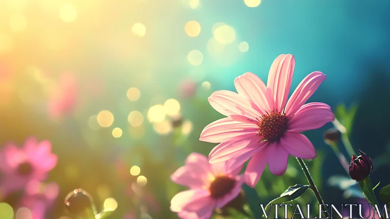 Pink Daisies in Soft Golden Sunlight. Dreamy Garden Scene.