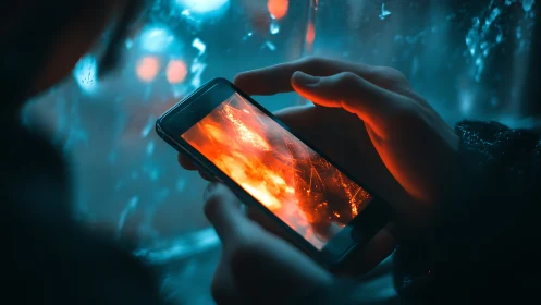 Luminous Phone Holds Fire: Contrast of Digital Light and Flame.