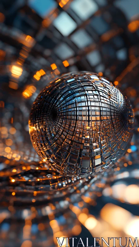 Shimmering glass sphere in a tunnel of warm city lights.