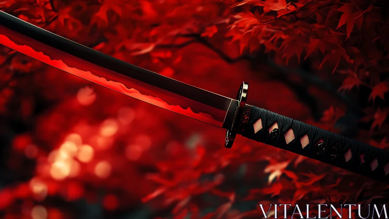 Katana blade close-up against dense red maple foliage.